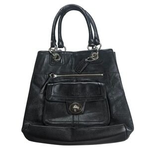 Coach Pebbled Leather Tote Bag Womens Medium Black Silver Hardware Good